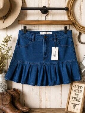 Refuge Size XL NEW: Dark Blue Denim Ruffle-Hem Mini Skirt
